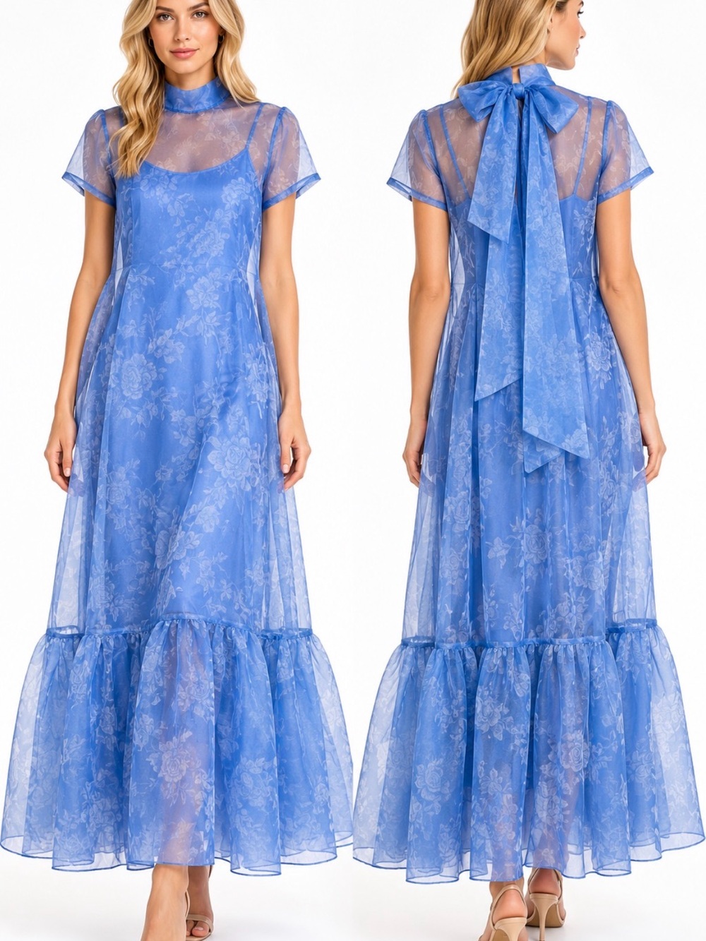 STAUD Blue Floral Sheer Maxi Dress with Back Bow